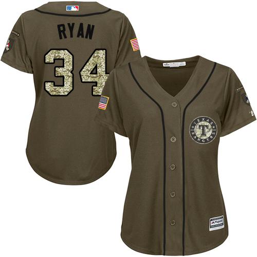 Rangers #34 Nolan Ryan Green Salute to Service Women's Stitched MLB Jersey - Click Image to Close